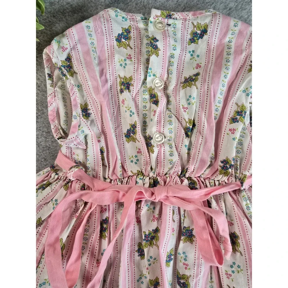 Vintage Handmade Dress Girls 2T Pink Floral Striped Tulle Lined Cotton 70s